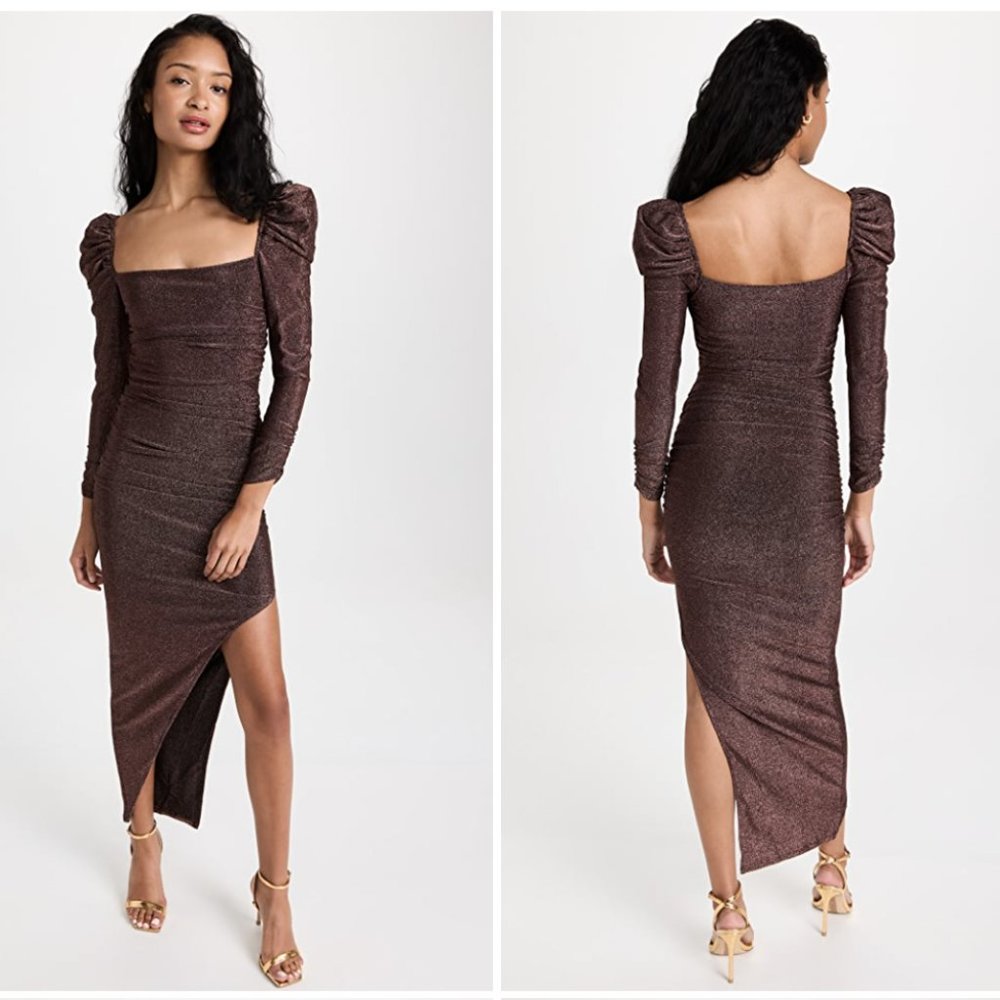 Astr Metallic Brown Long Sleeve Square Neck Asymmetrical Midi Dress